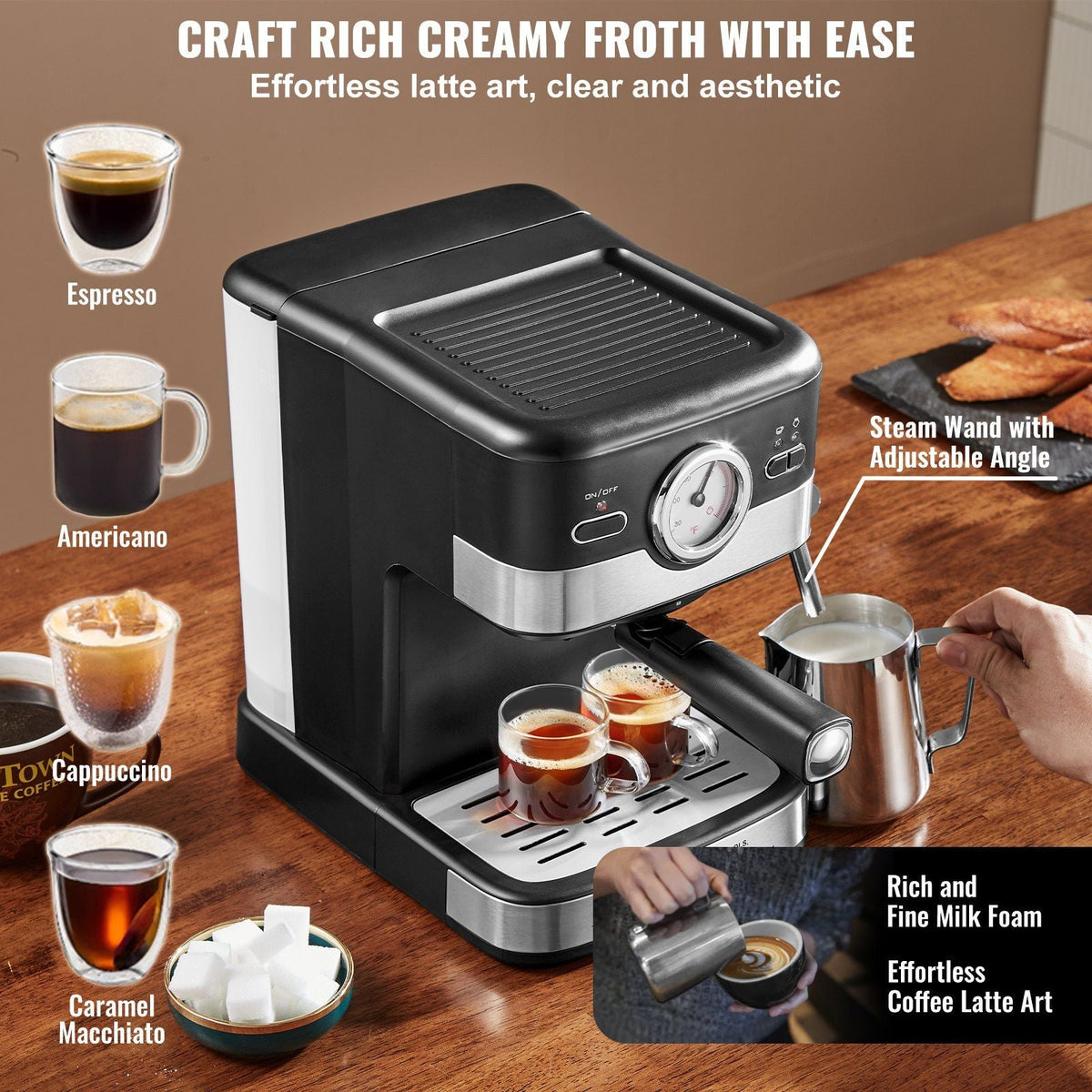Espresso Machine, 15 Bar Semi-Automatic Espresso Maker with Milk Frother Steam Wand for Latte and Cappuccino, Professional Coffee Maker with Temp Gauge & Removable Water Tank, NTC Control System