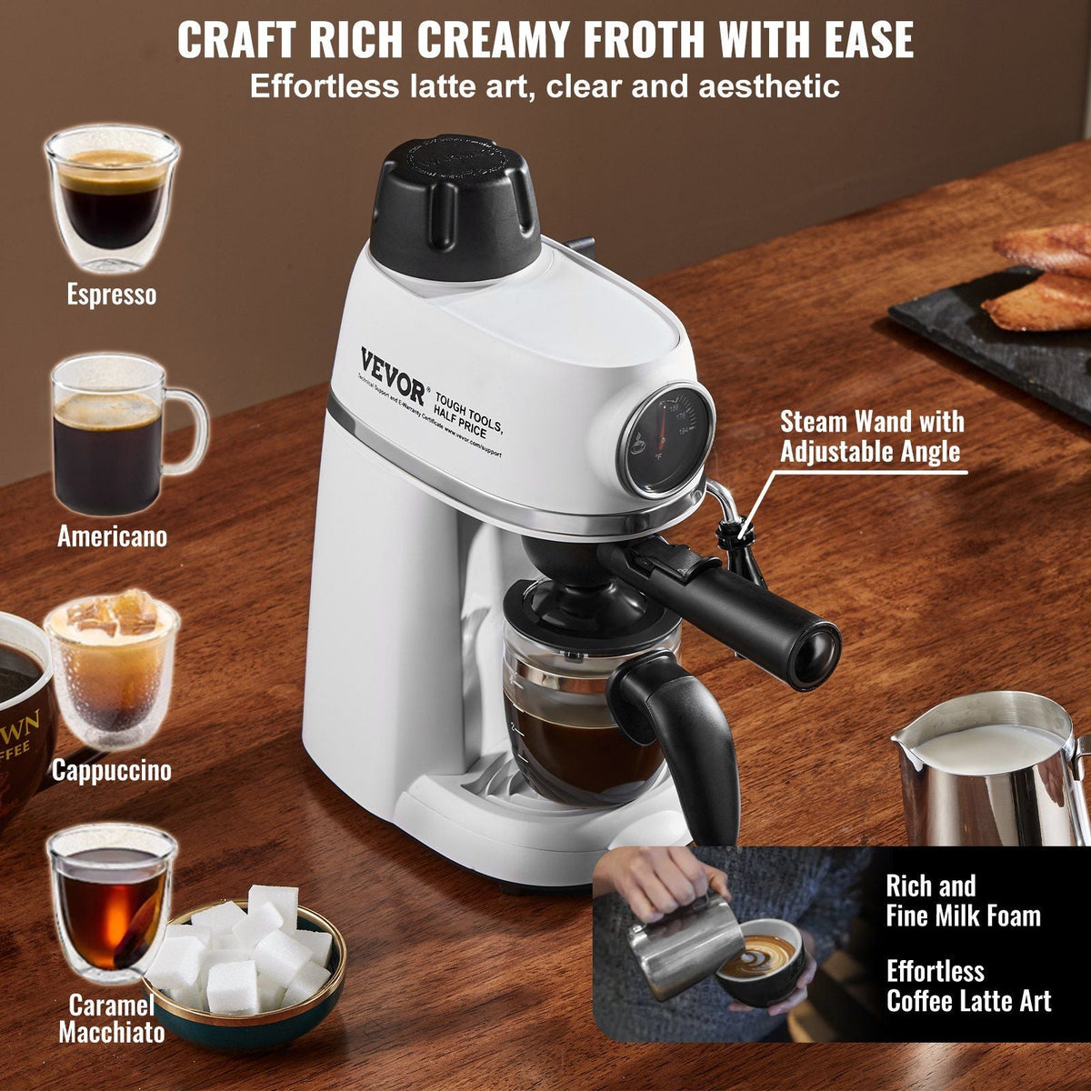 Espresso Machine, 3.5 Bar Espresso Maker with Milk Frother Steam Wand, 4-Cup Professional Coffee/Espresso Machine with Temp Gauge & Removable Water Tank for Latte Cappuccino, NTC Control System