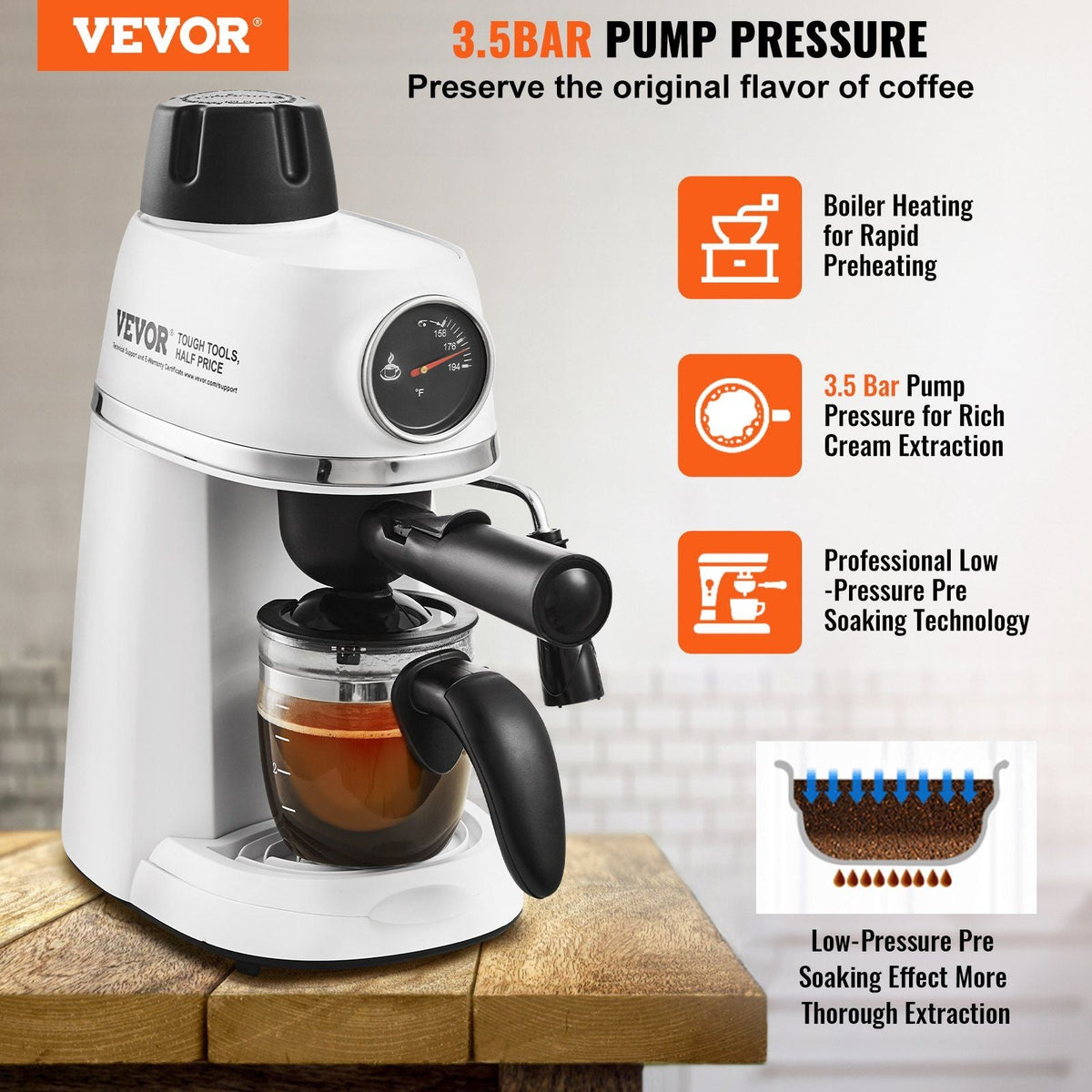 Espresso Machine, 3.5 Bar Espresso Maker with Milk Frother Steam Wand, 4-Cup Professional Coffee/Espresso Machine with Temp Gauge & Removable Water Tank for Latte Cappuccino, NTC Control System