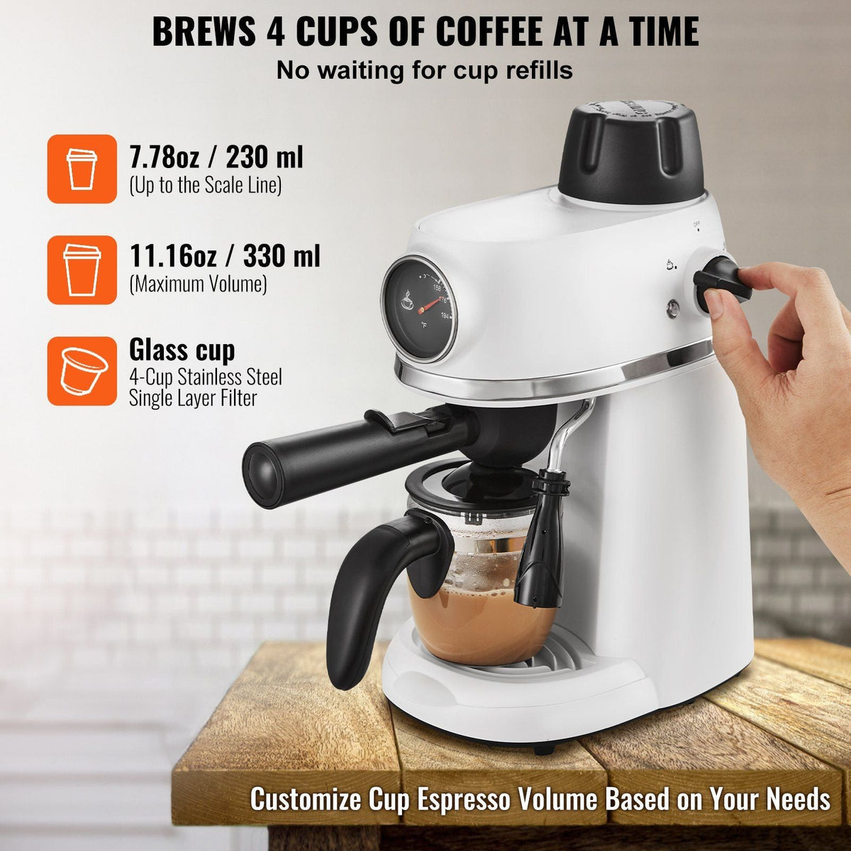Espresso Machine, 3.5 Bar Espresso Maker with Milk Frother Steam Wand, 4-Cup Professional Coffee/Espresso Machine with Temp Gauge & Removable Water Tank for Latte Cappuccino, NTC Control System