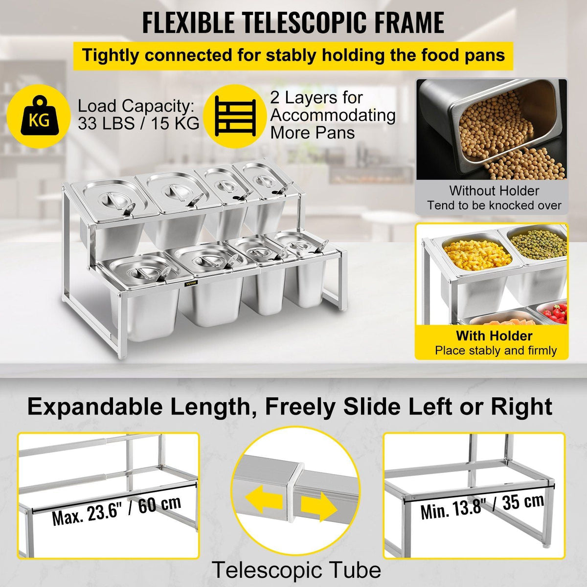 Expandable Spice Rack, 13.8"-23.6" Adjustable, 2-Tier Stainless Steel Organizer Shelf with 4 1/9 Pans 4 1/6 Pan 8 Ladles, Countertop Inclined Holder for Sauce Ingredients Fruits, for Kitchen Use