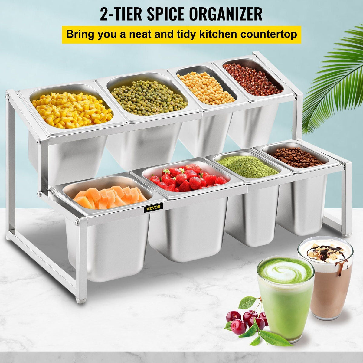 Expandable Spice Rack, 13.8"-23.6" Adjustable, 2-Tier Stainless Steel Organizer Shelf with 4 1/9 Pans 4 1/6 Pan 8 Ladles, Countertop Inclined Holder for Sauce Ingredients Fruits, for Kitchen Use