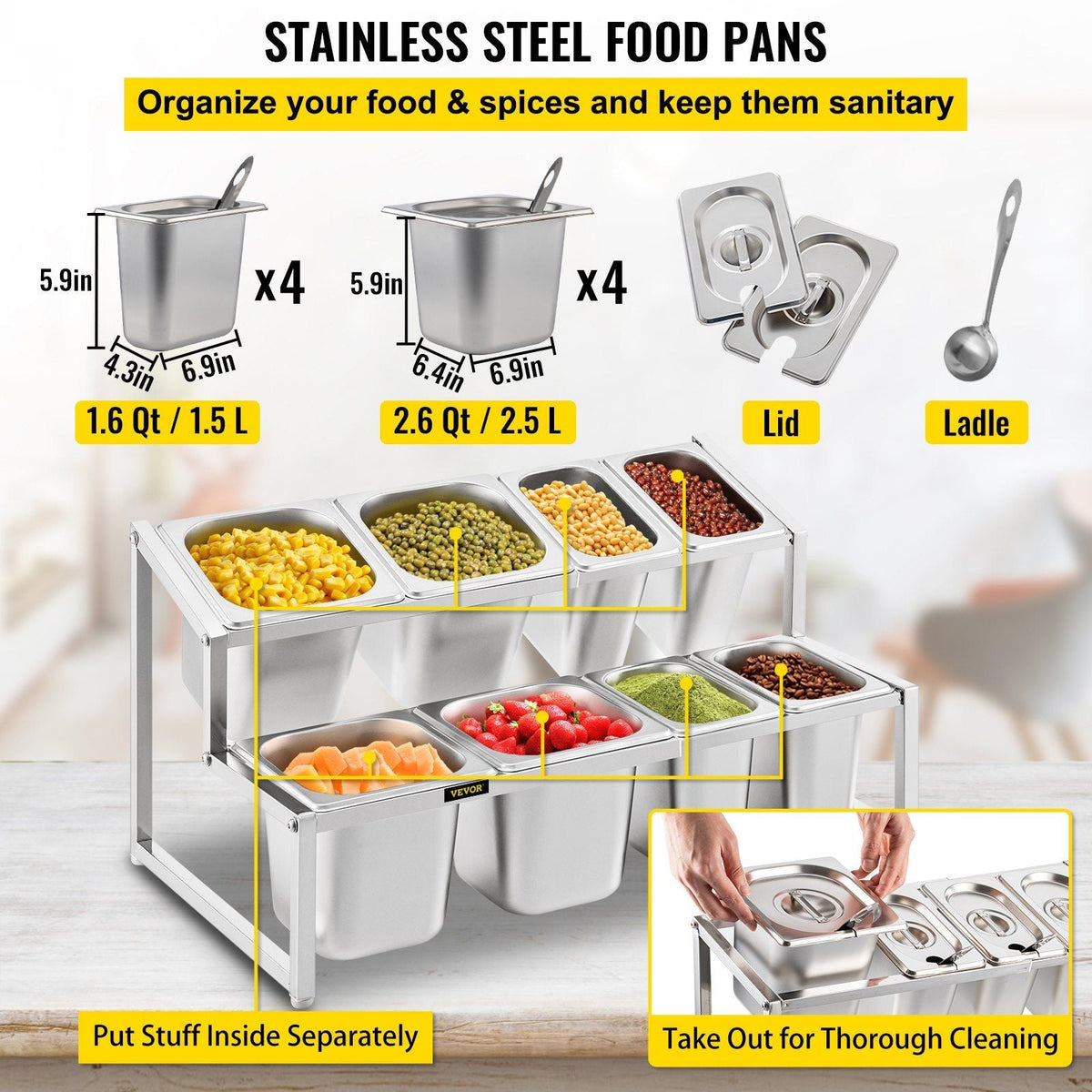Expandable Spice Rack, 13.8"-23.6" Adjustable, 2-Tier Stainless Steel Organizer Shelf with 4 1/9 Pans 4 1/6 Pan 8 Ladles, Countertop Inclined Holder for Sauce Ingredients Fruits, for Kitchen Use