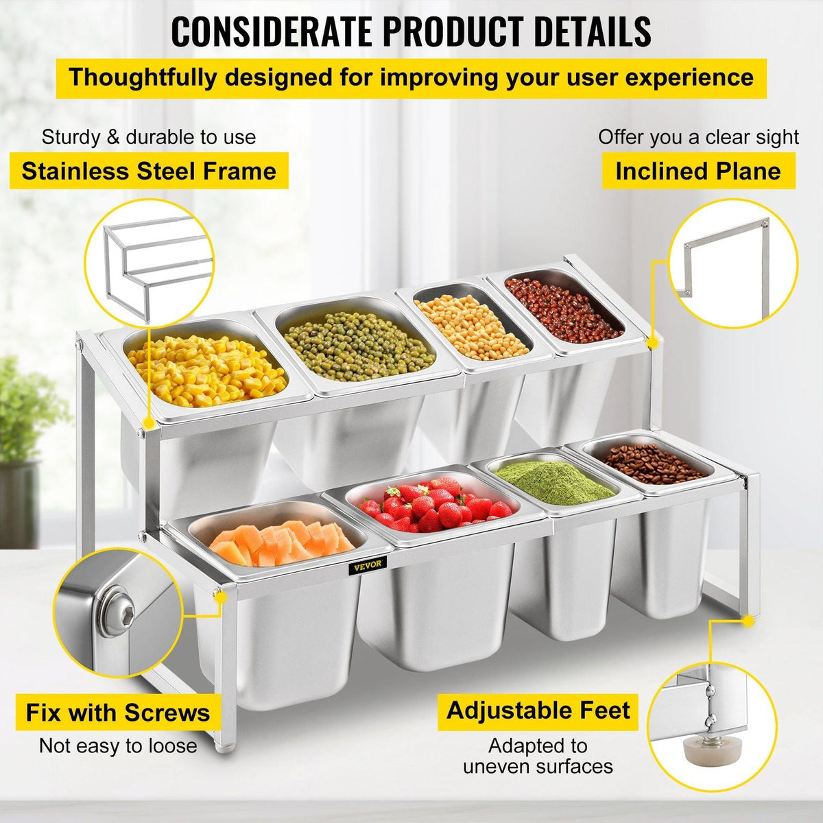Expandable Spice Rack, 13.8"-23.6" Adjustable, 2-Tier Stainless Steel Organizer Shelf with 4 1/9 Pans 4 1/6 Pan 8 Ladles, Countertop Inclined Holder for Sauce Ingredients Fruits, for Kitchen Use