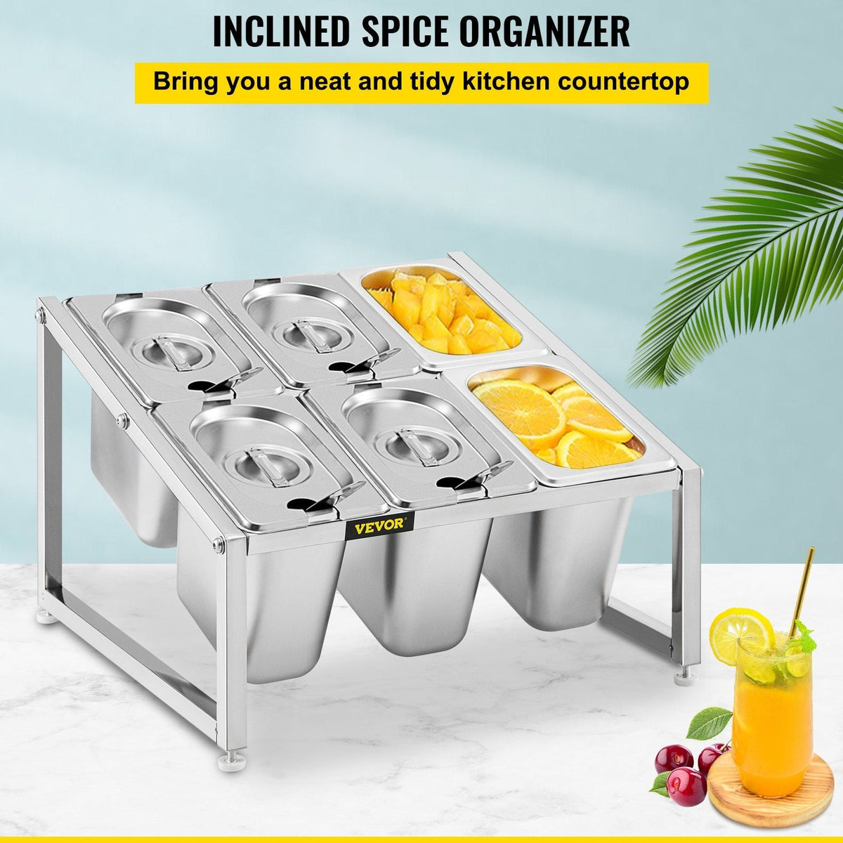 Expandable Spice Rack, 13.8"-23.6" Adjustable, 2-Tier Stainless Steel Organizer Shelf with 6 1/9 Pans 6 Ladles, Countertop Inclined Holder for Sauce Ingredients Fruits, for Kitchen Pantry Use
