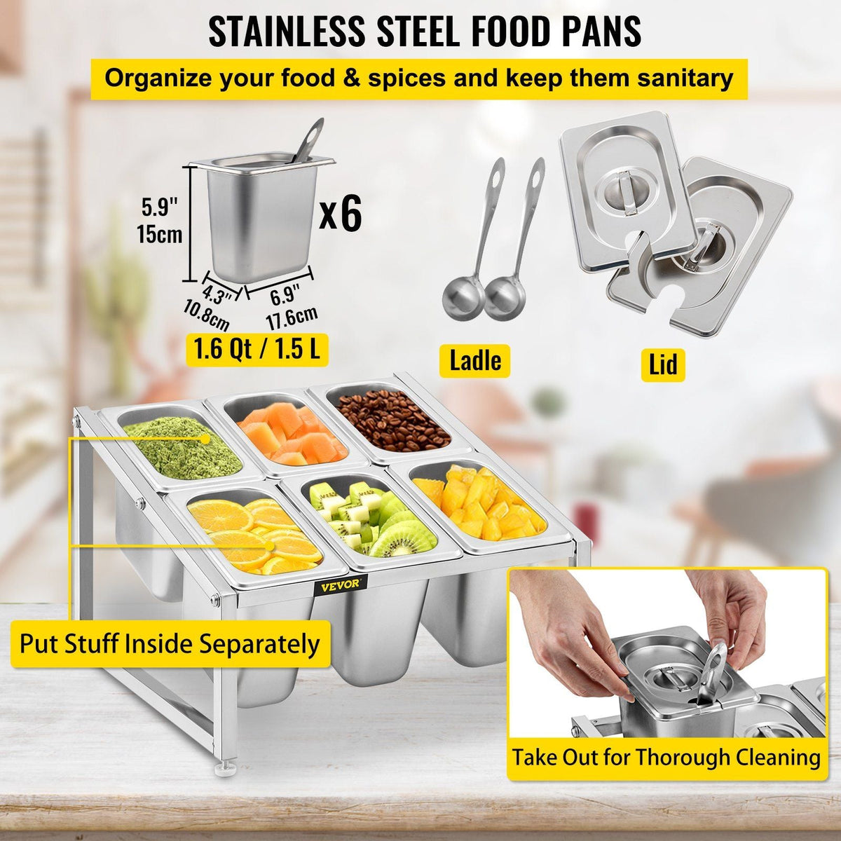Expandable Spice Rack, 13.8"-23.6" Adjustable, 2-Tier Stainless Steel Organizer Shelf with 6 1/9 Pans 6 Ladles, Countertop Inclined Holder for Sauce Ingredients Fruits, for Kitchen Pantry Use