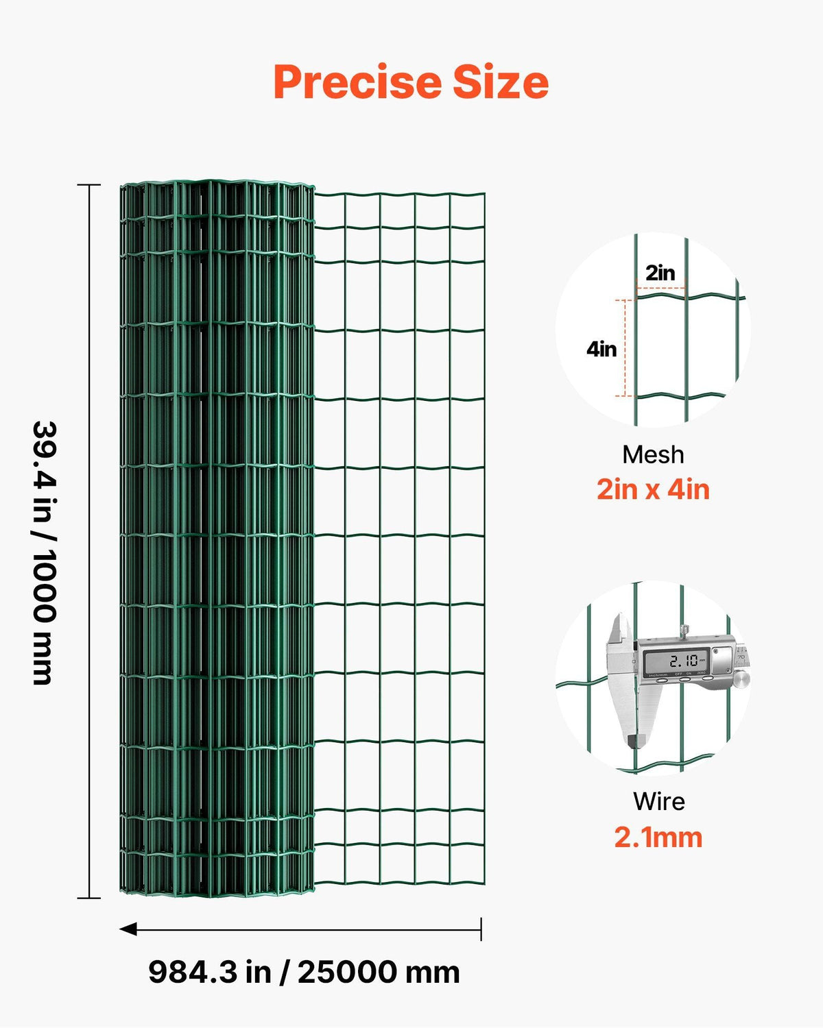 Farm Fence, 39 x 984 in, 2 x 4 in Mesh 2.1mm Galvanized Steel Wire Fencing for Cattle, Hog & Sheep, Heavy Duty Vinyl Coated Livestock Fence for Animal Enclosures, Cage Wire, Garden Fences, Green