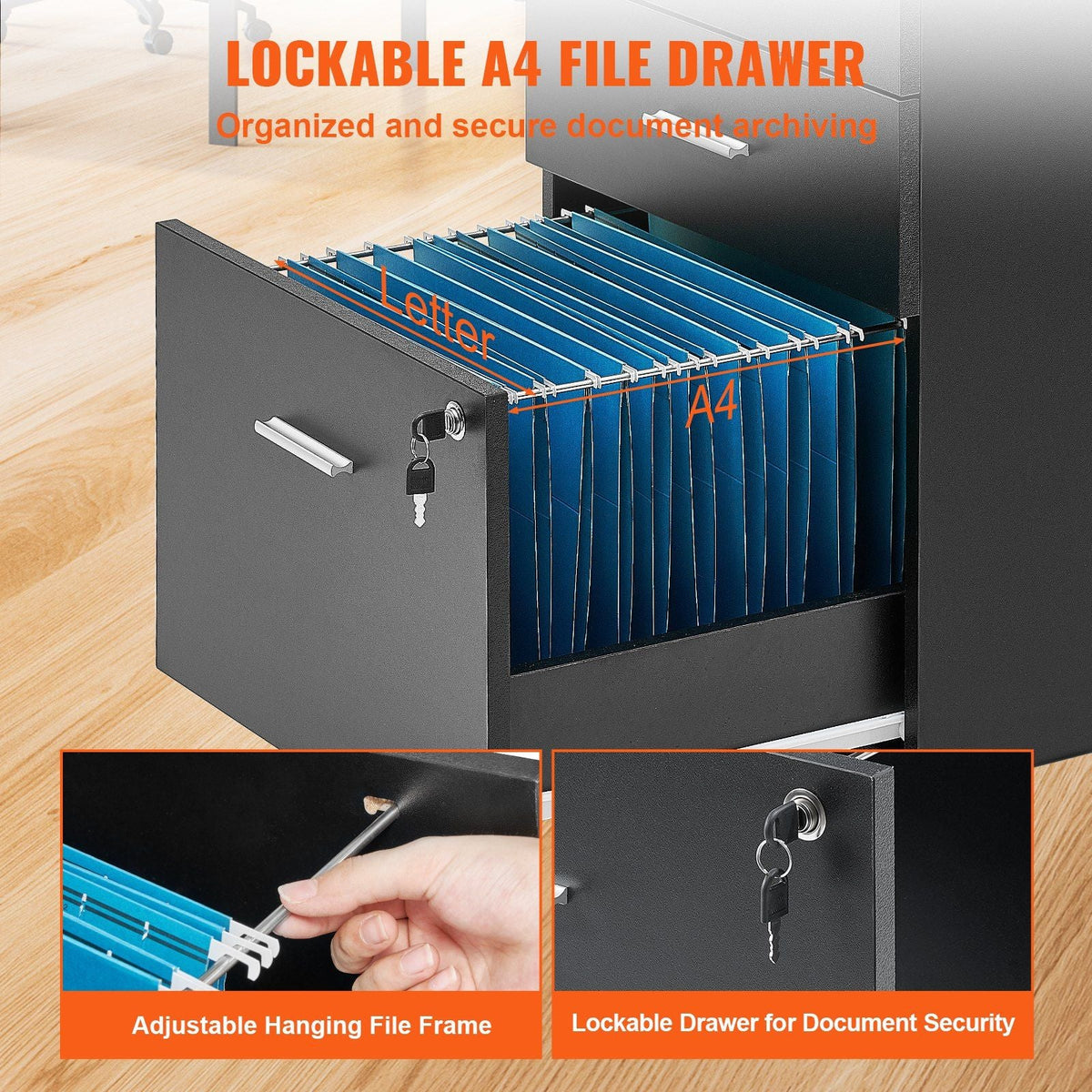 File Cabinet, 3-Drawer Wood Filing Cabinet, Locking Office Cabinet for Letter/A4 Size, File Cabinet with 5 Wheels for Home Office, Black