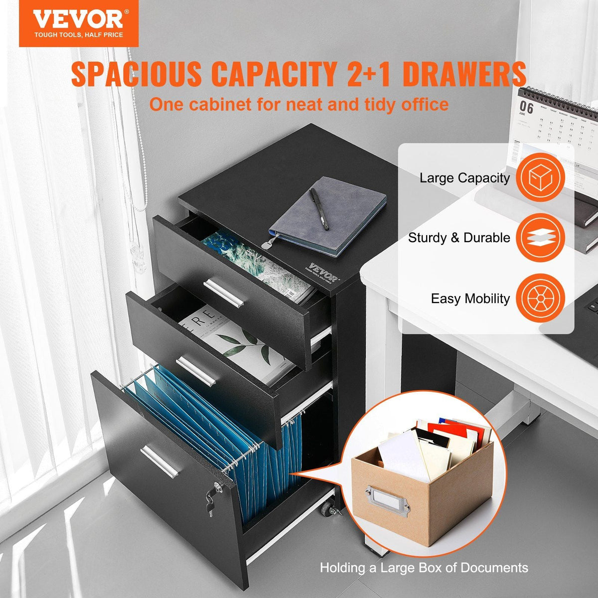 File Cabinet, 3-Drawer Wood Filing Cabinet, Locking Office Cabinet for Letter/A4 Size, File Cabinet with 5 Wheels for Home Office, Black