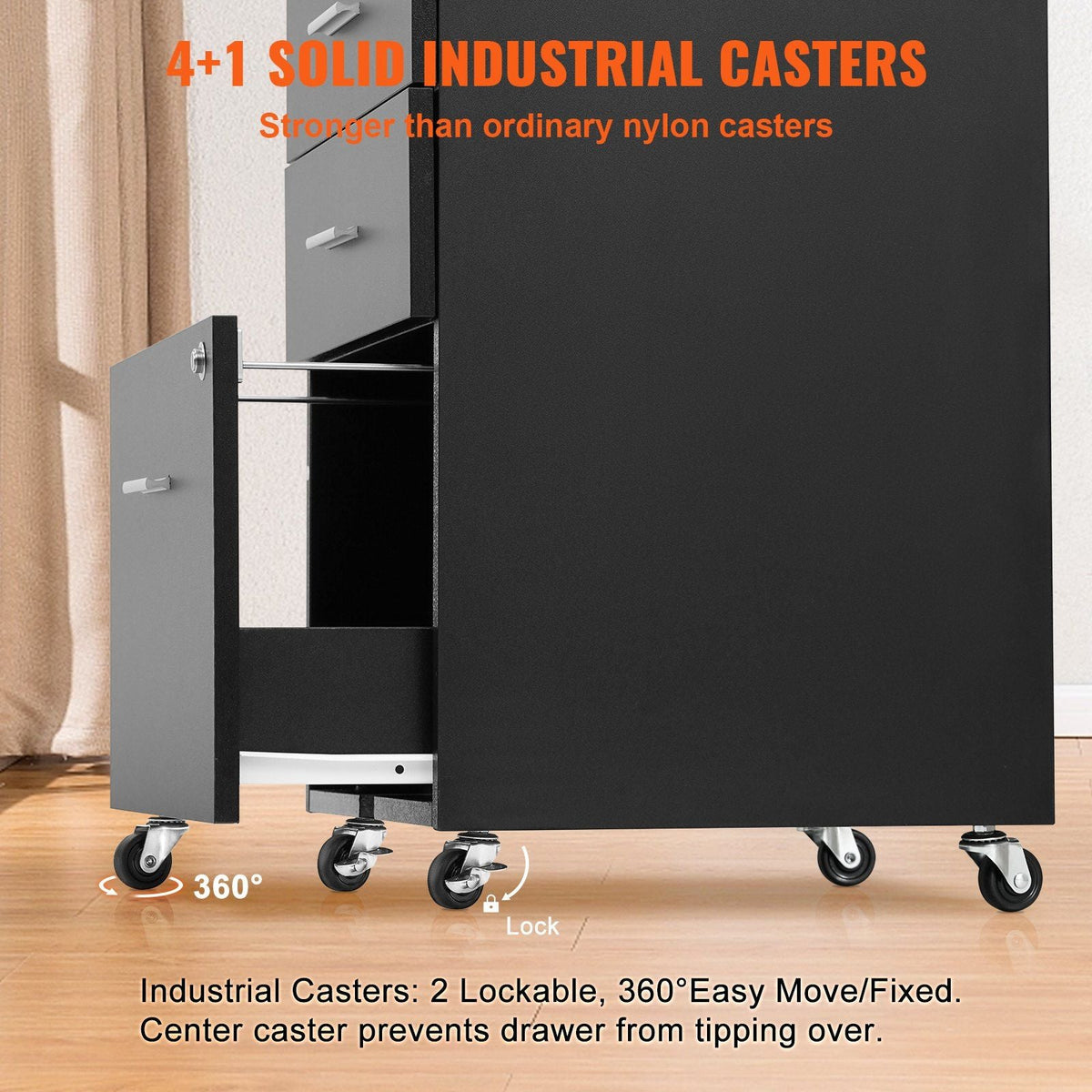 File Cabinet, 3-Drawer Wood Filing Cabinet, Locking Office Cabinet for Letter/A4 Size, File Cabinet with 5 Wheels for Home Office, Black