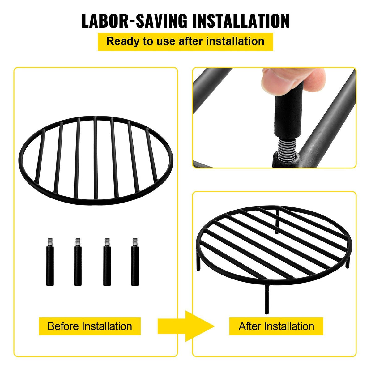 Fire Pit Grate, Heavy Duty Iron Round Firewood Grate, Round Wood Fire Pit Grate 19", Firepit Grate with Black Paint, Fire Grate with 4 Removable Round Legs for Burning Fireplace and Firepits