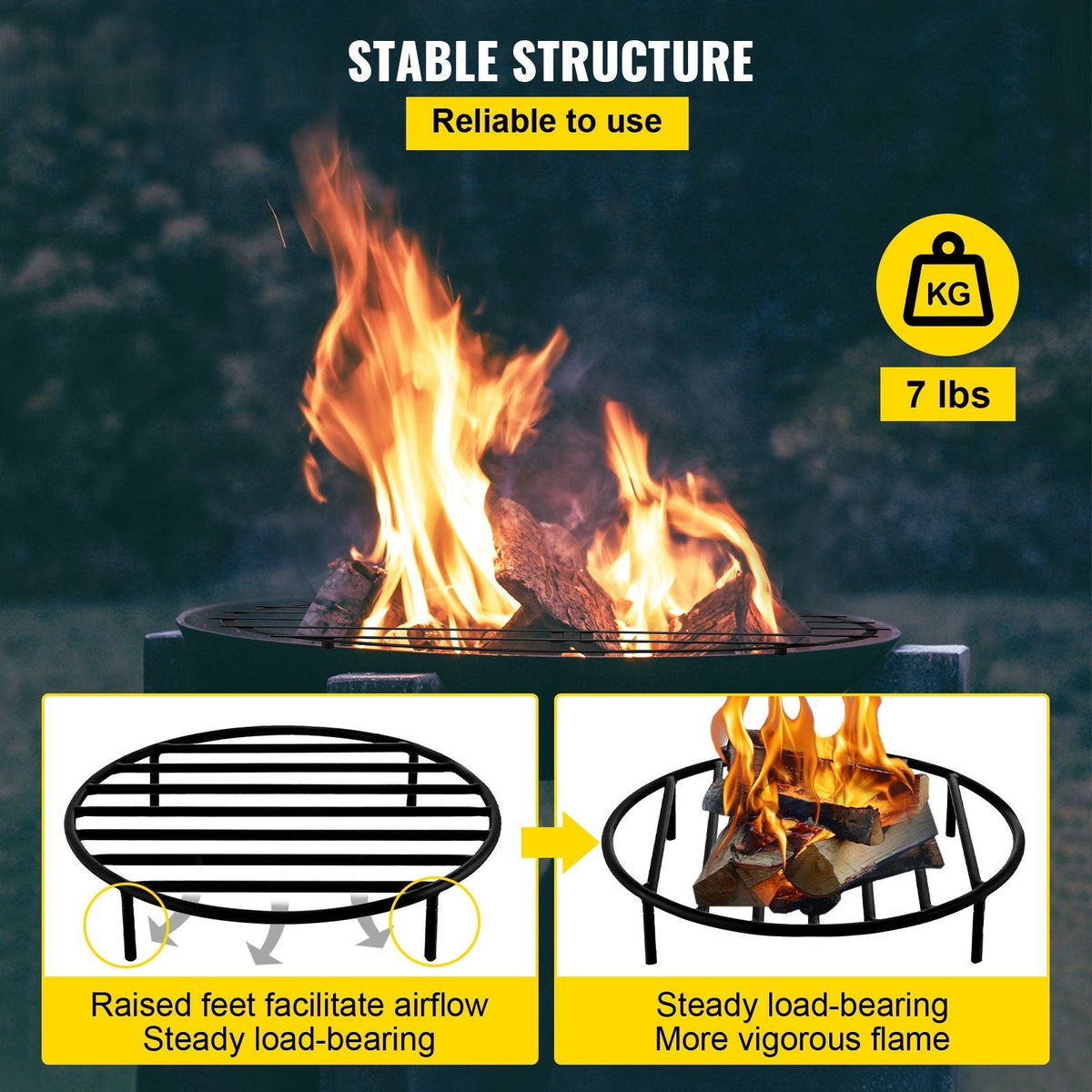 Fire Pit Grate, Heavy Duty Iron Round Firewood Grate, Round Wood Fire Pit Grate 19", Firepit Grate with Black Paint, Fire Grate with 4 Removable Round Legs for Burning Fireplace and Firepits