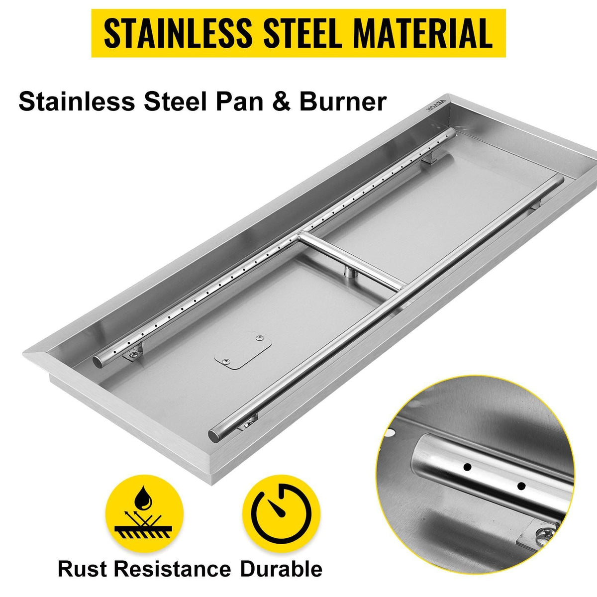 Fire Pit Pan 31.5x12 Inch, Stainless Steel Rectangular Fire Pit Pan and Burner, Built-in Fire Pit Pan with H-Burner, 90K BTU