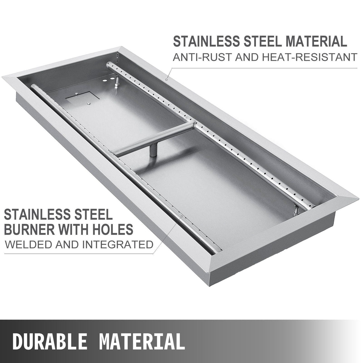 Fire Pit Pan 31.5x12 Inch, Stainless Steel Rectangular Fire Pit Pan and Burner, Built-in Fire Pit Pan with H-Burner, 90K BTU