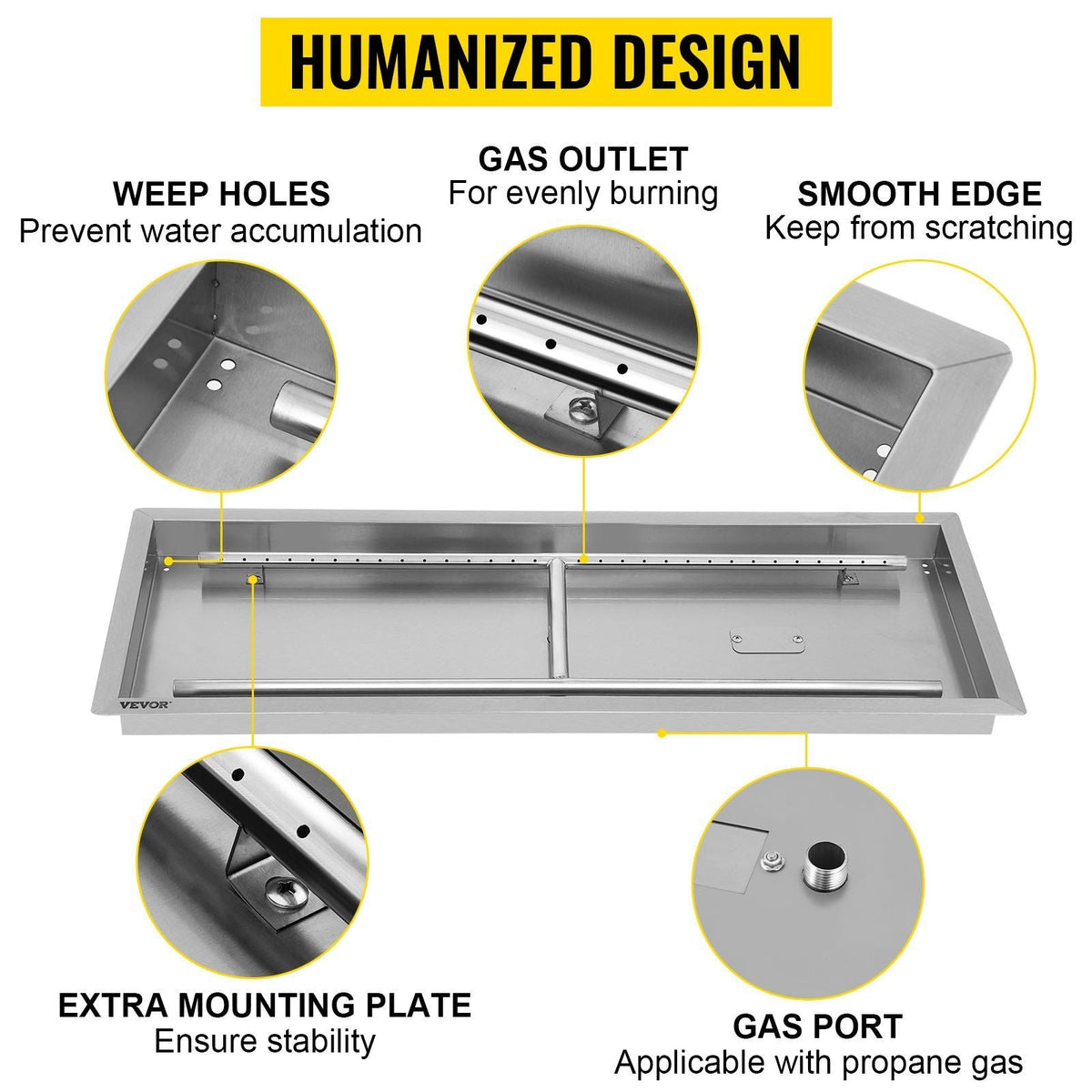 Fire Pit Pan 31.5x12 Inch, Stainless Steel Rectangular Fire Pit Pan and Burner, Built-in Fire Pit Pan with H-Burner, 90K BTU