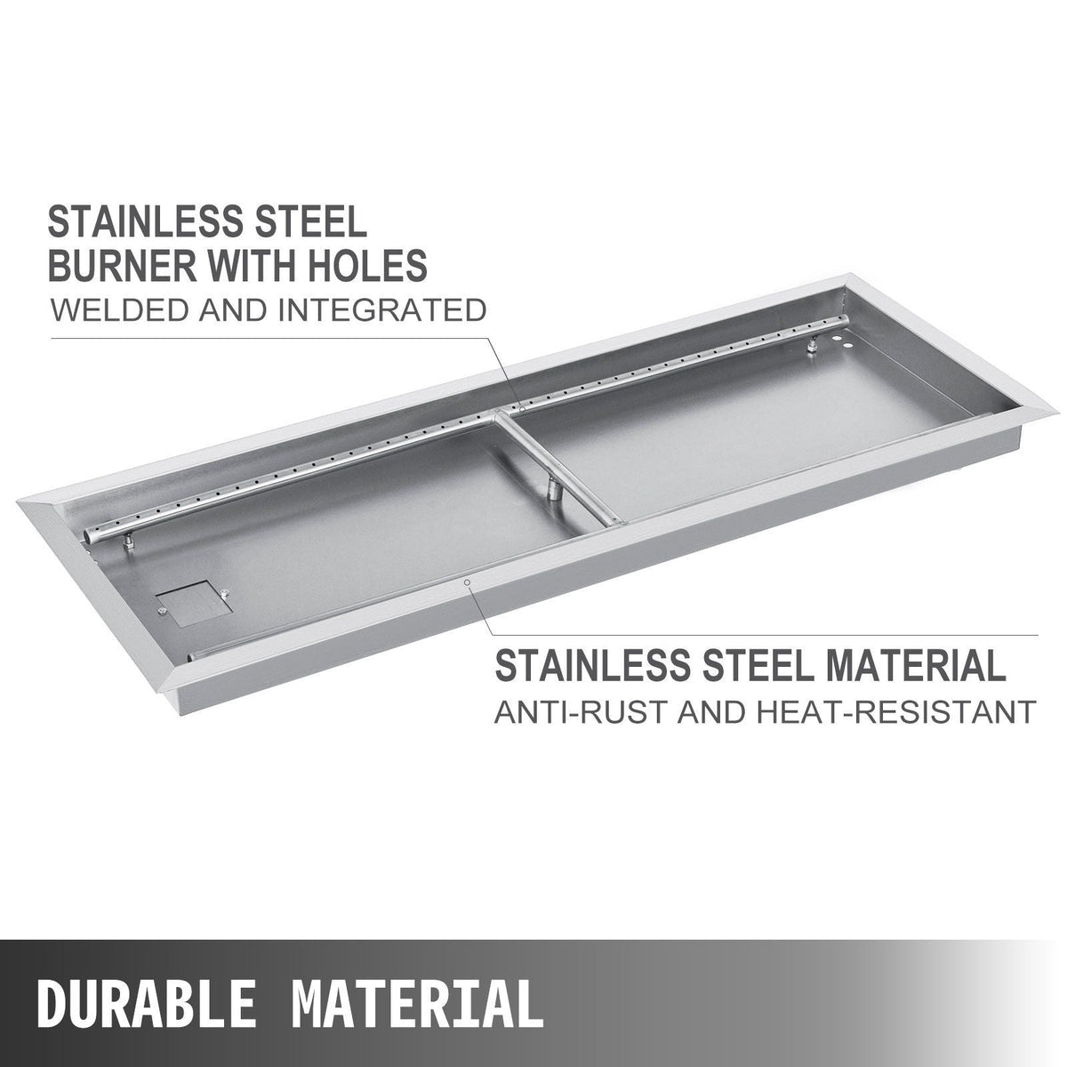 Fire Pit Pan 37.5x14 Inch, Stainless Steel Rectangular Fire Pit Pan and Burner, Built-in Fire Pit Pan with H-Burner, 150K BTU