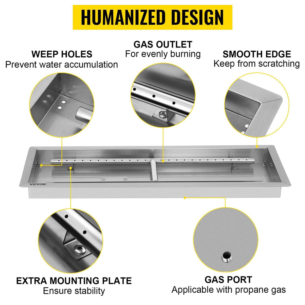 Fire Pit Pan 37.5x14 Inch, Stainless Steel Rectangular Fire Pit Pan and Burner, Built-in Fire Pit Pan with H-Burner, 150K BTU