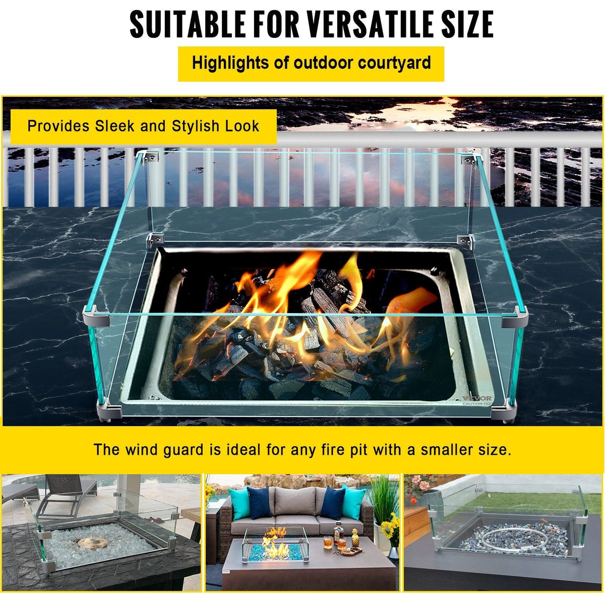 Fire Pit Wind Guard, 14 x 14 x 6 Inch Glass Wind Guard, Rectangular Glass Shield, 0.3" Thick Fire Table, Clear Tempered Glass Flame Guard, Steady Feet Tree Pit Guard for Propane, Gas, Outdoor