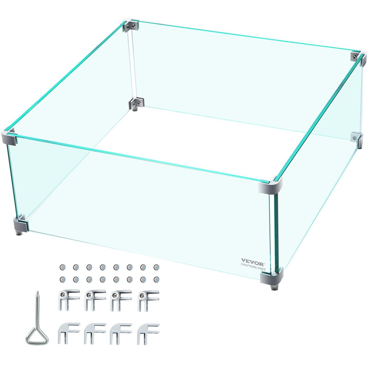 Fire Pit Wind Guard, 14 x 14 x 6 Inch Glass Wind Guard, Rectangular Glass Shield, 0.3" Thick Fire Table, Clear Tempered Glass Flame Guard, Steady Feet Tree Pit Guard for Propane, Gas, Outdoor