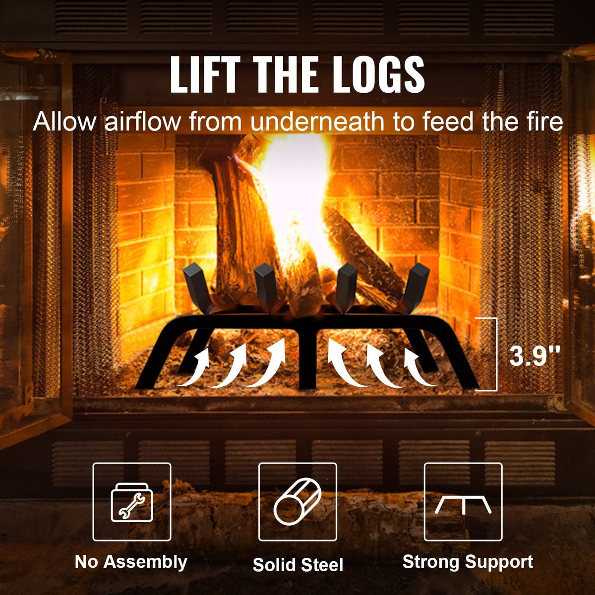 Fireplace Log Grate, 18 inch Heavy Duty Fireplace Grate with 6 Support Legs, 3/4'' Solid Powder-coated Steel Bars, Log Firewood Burning Rack Holder for Indoor and Outdoor Fireplace