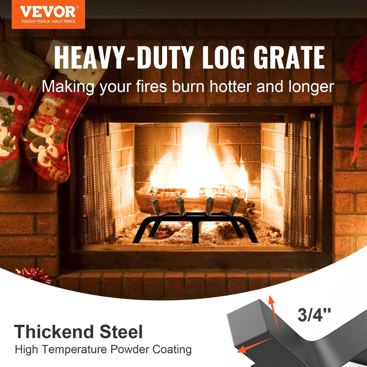 Fireplace Log Grate, 18 inch Heavy Duty Fireplace Grate with 6 Support Legs, 3/4'' Solid Powder-coated Steel Bars, Log Firewood Burning Rack Holder for Indoor and Outdoor Fireplace