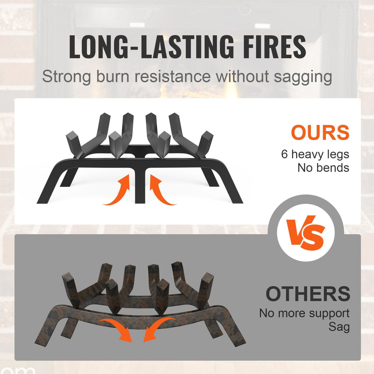 Fireplace Log Grate, 18 inch Heavy Duty Fireplace Grate with 6 Support Legs, 3/4'' Solid Powder-coated Steel Bars, Log Firewood Burning Rack Holder for Indoor and Outdoor Fireplace