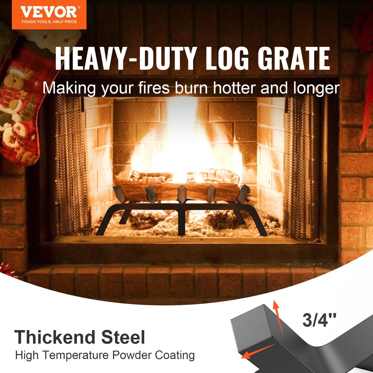 Fireplace Log Grate, 21 inch Heavy Duty Fireplace Grate with 6 Support Legs, 3/4'' Solid Powder-coated Steel Bars, Log Firewood Burning Rack Holder for Indoor and Outdoor Fireplace