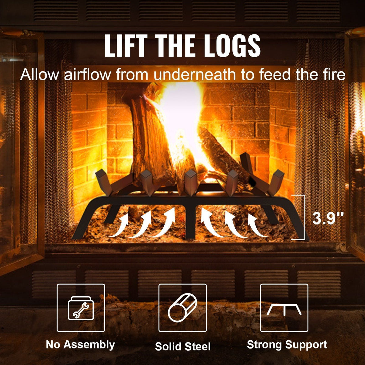 Fireplace Log Grate, 21 inch Heavy Duty Fireplace Grate with 6 Support Legs, 3/4'' Solid Powder-coated Steel Bars, Log Firewood Burning Rack Holder for Indoor and Outdoor Fireplace