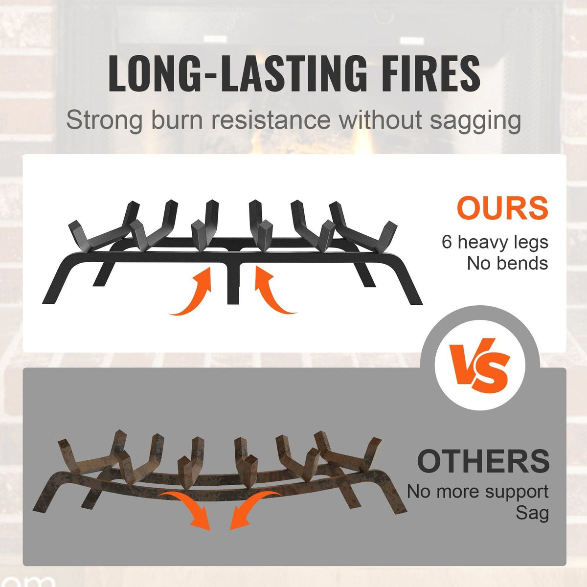 Fireplace Log Grate, 27 inch Heavy Duty Fireplace Grate with 6 Support Legs, 3/4'' Solid Powder-coated Steel Bars, Log Firewood Burning Rack Holder for Indoor and Outdoor Fireplace