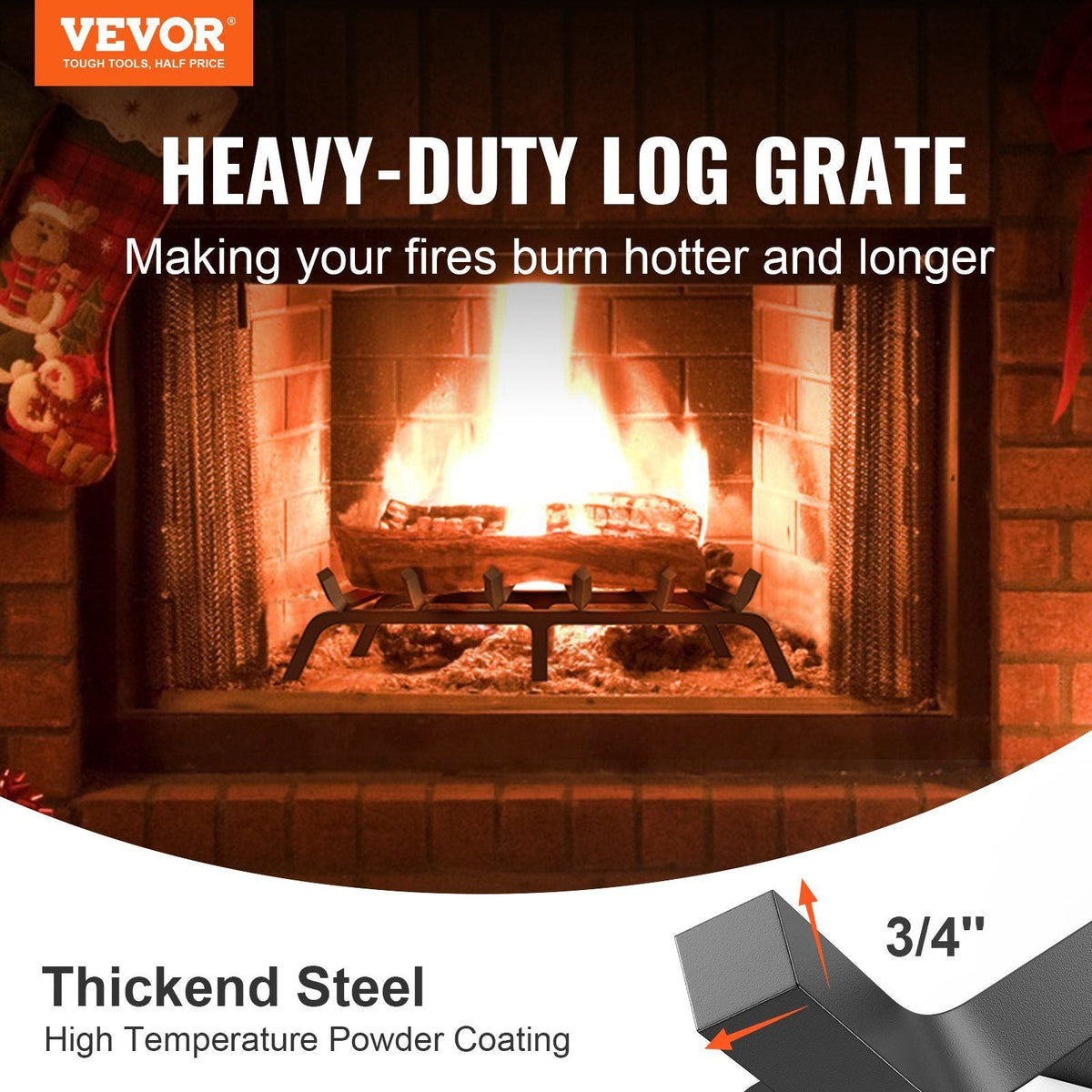 Fireplace Log Grate, 27 inch Heavy Duty Fireplace Grate with 6 Support Legs, 3/4'' Solid Powder-coated Steel Bars, Log Firewood Burning Rack Holder for Indoor and Outdoor Fireplace