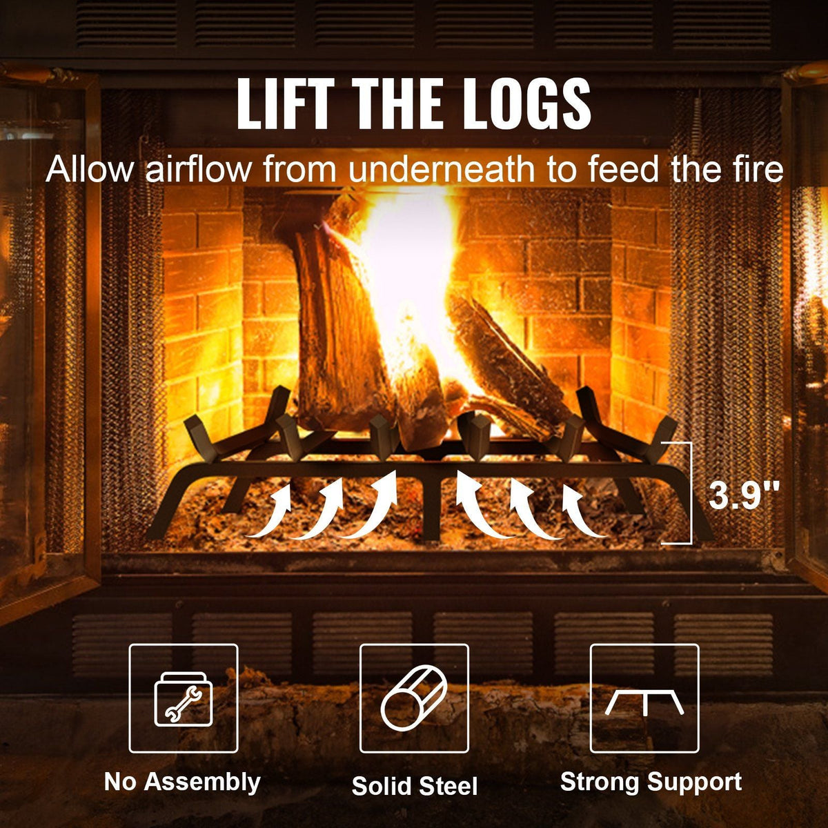 Fireplace Log Grate, 27 inch Heavy Duty Fireplace Grate with 6 Support Legs, 3/4'' Solid Powder-coated Steel Bars, Log Firewood Burning Rack Holder for Indoor and Outdoor Fireplace