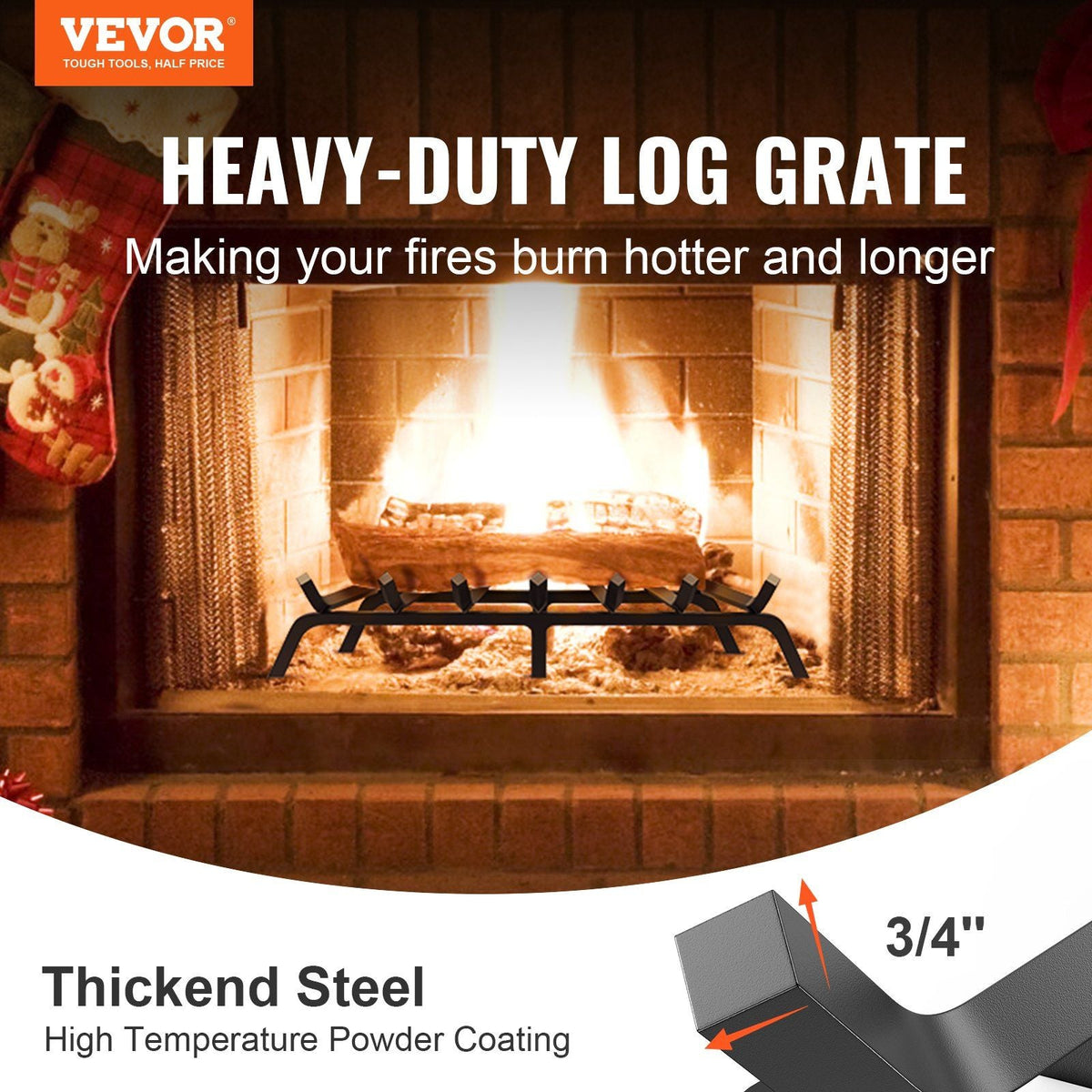 Fireplace Log Grate, 30 inch Heavy Duty Fireplace Grate with 6 Support Legs, 3/4'' Solid Powder-coated Steel Bars, Log Firewood Burning Rack Holder for Indoor and Outdoor Fireplace