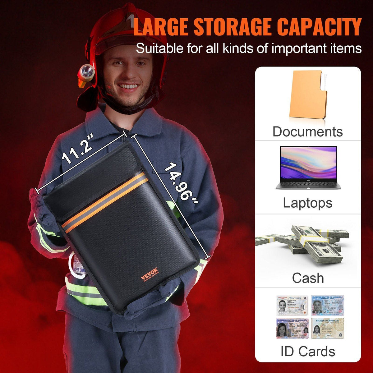 Fireproof Document Bag, 15"x11" Fireproof Money Bag 2000°F, Double Pockets Fireproof and Waterproof Bag with Zipper and Reflective Strip, for Money, Documents, Jewelry and Passport