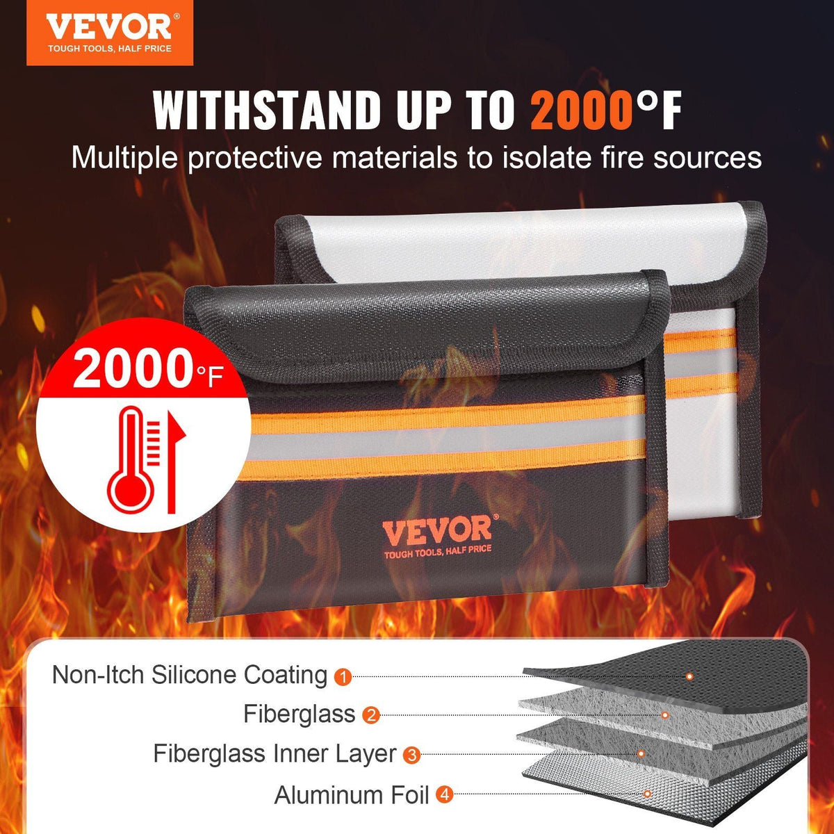Fireproof Document Bag, 2 pcs 8"x5" Fireproof Money Bag 2000°F, Fireproof and Waterproof Bag with Zipper and Reflective Strip, for Money, Documents, Jewelry and Passport