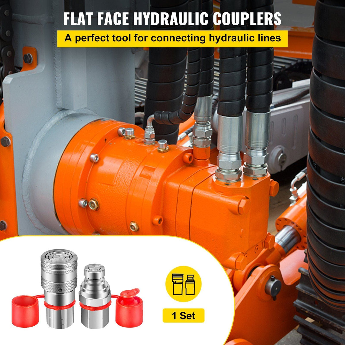 Flat Face Hydraulic Couplers 1/2'' Body 1/2'' NPT Thread, Skid Steer Quick Connect Coupling, 4061 PSI Hydraulic Fittings, Pioneer Hydraulic Couplers w/Dust Caps for Bobcat Case (ISO16028)