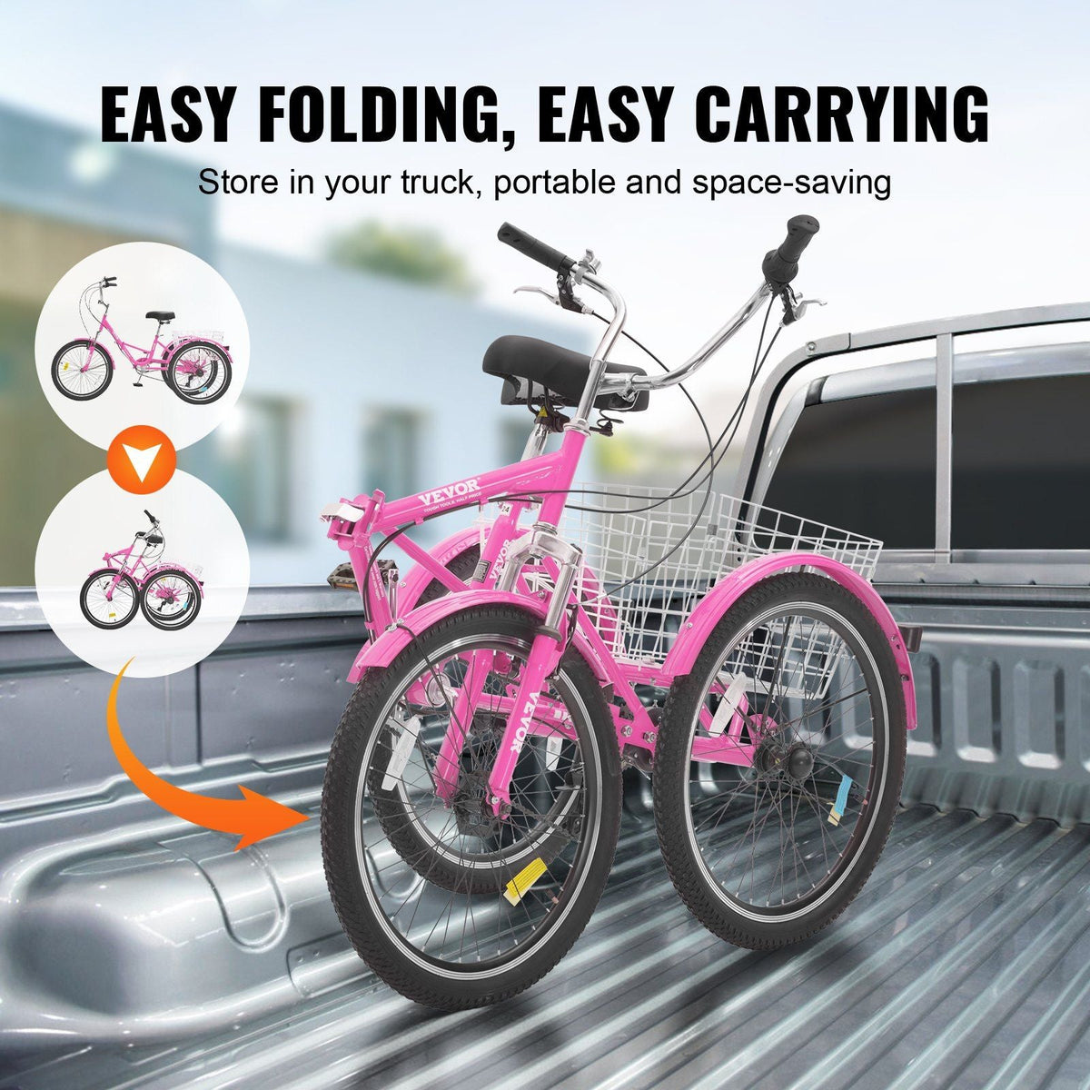 Folding Adult Tricycle, 24-Inch 7-Speed Adult Folding Trikes, Carbon Steel 3 Wheel Cruiser Bike with Basket & Adjustable Seat, Shopping Picnic Foldable Tricycles for Women, Men, Seniors (Pink)