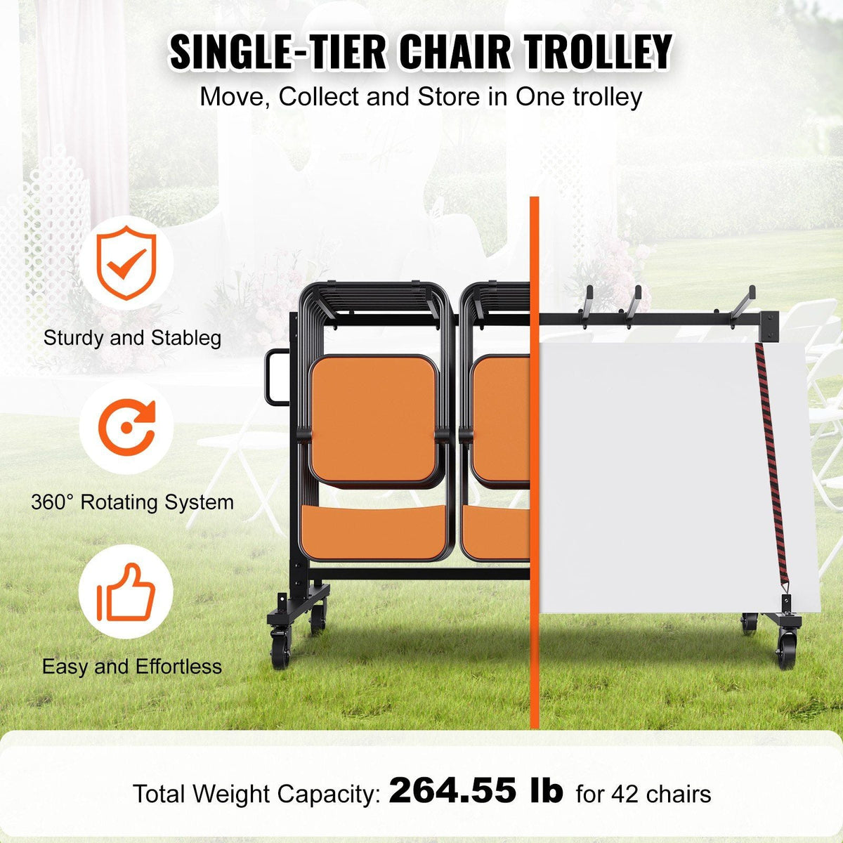 Folding Chair Cart, Single Layer Mobile Stackable Chair Dolly, Storage Rack Trolley with 265 Lbs Capacity to Store 42 Chairs, Heavy Duty Iron Chairs Holder with 4 Casters, 2 Elastic Cords, Cover