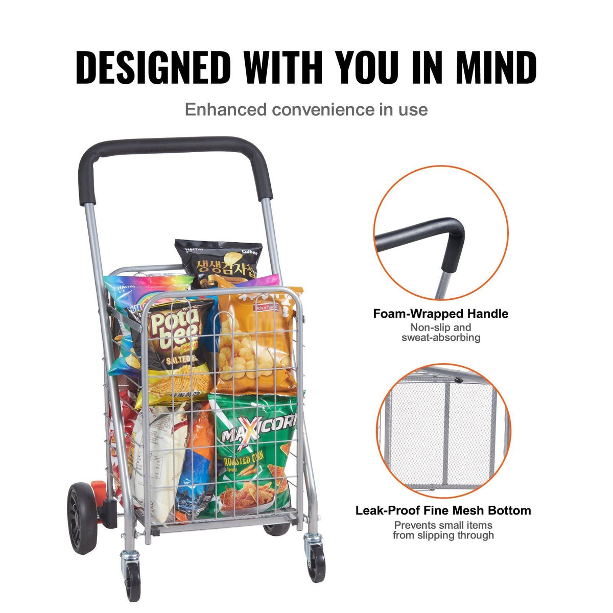 Folding Shopping Cart, 66 lbs Max Load Capacity, Grocery Utility Cart with Rolling Swivel Wheels, Heavy Duty Foldable Laundry Basket Trolley Compact Lightweight Collapsible for Luggage, Silver