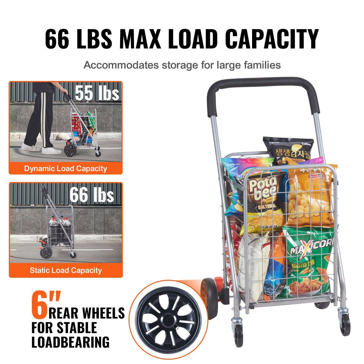 Folding Shopping Cart, 66 lbs Max Load Capacity, Grocery Utility Cart with Rolling Swivel Wheels, Heavy Duty Foldable Laundry Basket Trolley Compact Lightweight Collapsible for Luggage, Silver