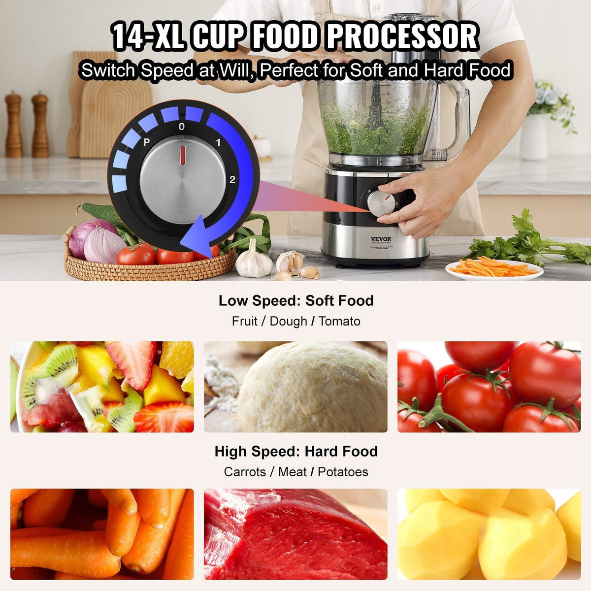 Food Processor, 14-Cup Vegetable Chopper for Chopping, Mixing, Slicing, and Kneading Dough, 600 Watts Stainless Steel Blade Professional Electric Food Chopper, Easy Assembly & Clean, Black