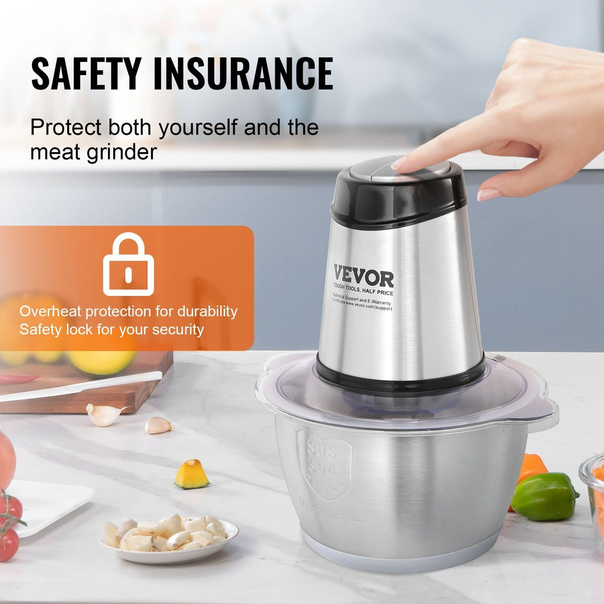 Food Processor, Electric Meat Grinder with 4-Wing Stainless Steel Blades, 400W Electric Food Chopper, 8 Cup Stainless Steel Bowl, 2 Speeds Food Grinder for Baby Food, Meat, Onion, Vegetables