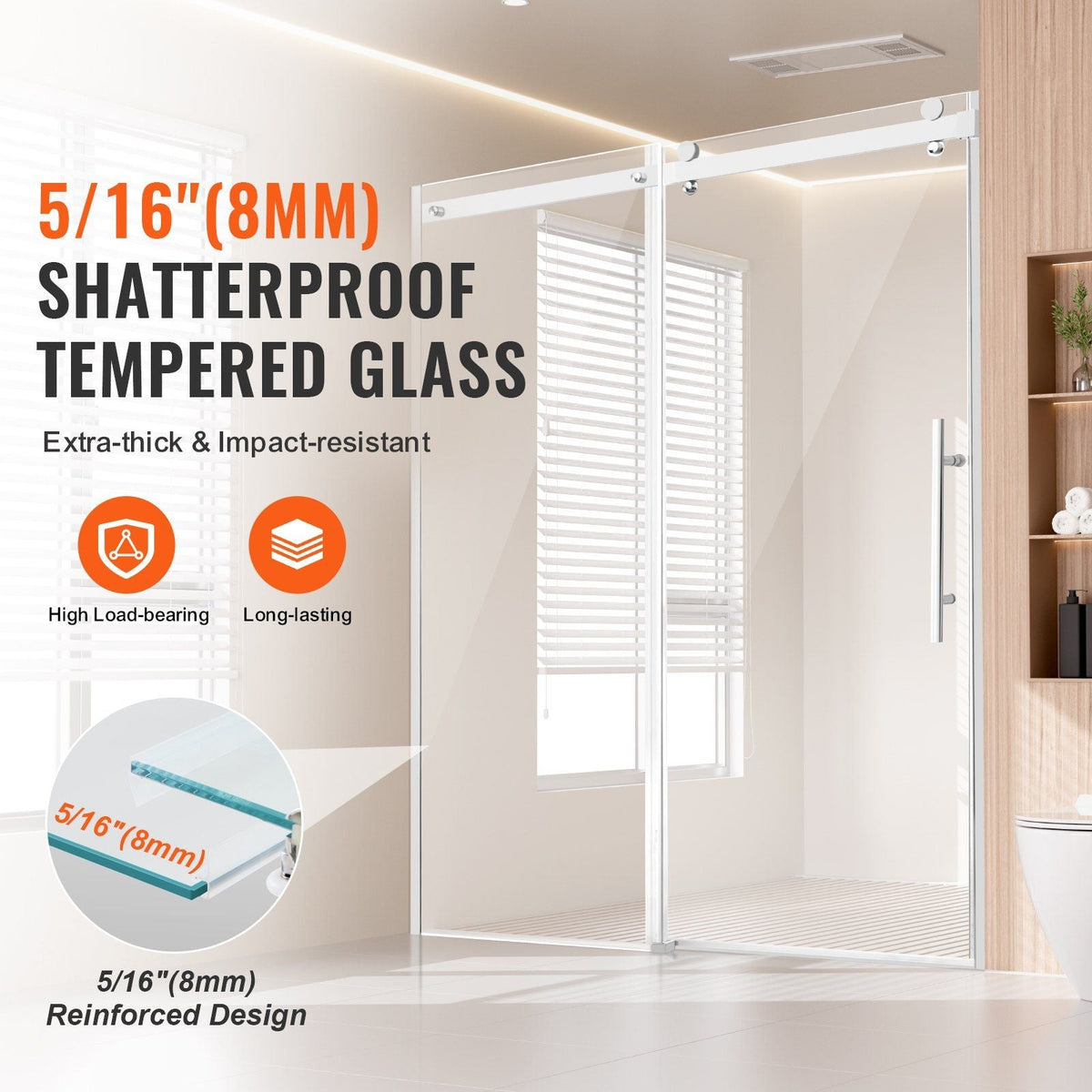 Frameless Shower Door 58-59" x 75" SGCC Tempered Glass 5/16" Chrome