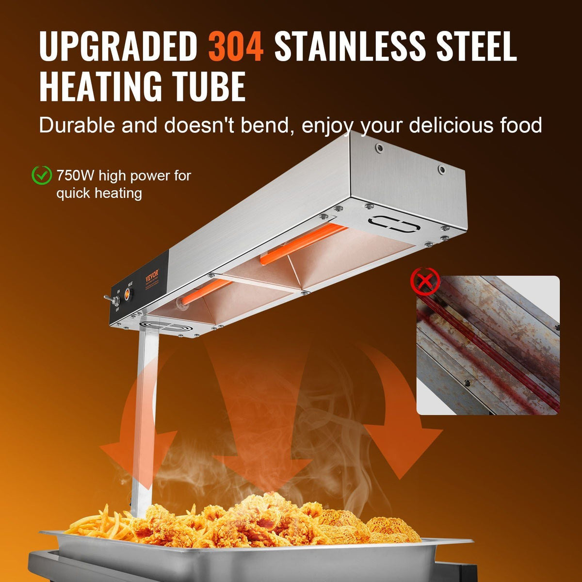 French Fry Food Warmer, 750W Commercial Strip Food Heating Lamp, Electric Stainless Steel Warming Light Dump Station, Countertop 104-122°F Fries Warmer for Chip Buffet Kitchen Restaurant, Silver