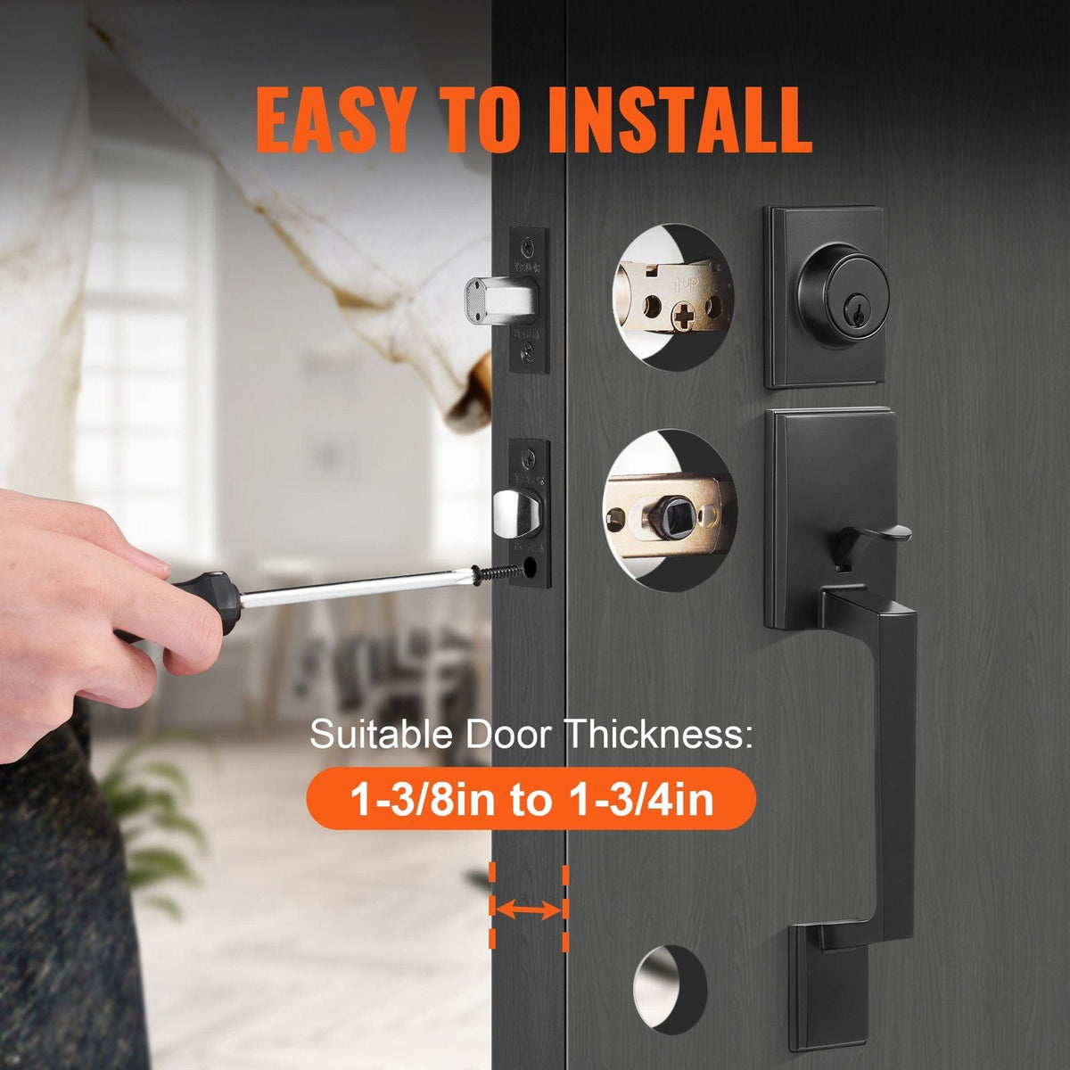 Front Door Handle and Deadbolt Set, Matte Black Square Handle Set with Lever Door Handle, Single Cylinder Entry Door Handle with Reversible for Right and Left Handed Entrance and Front Door