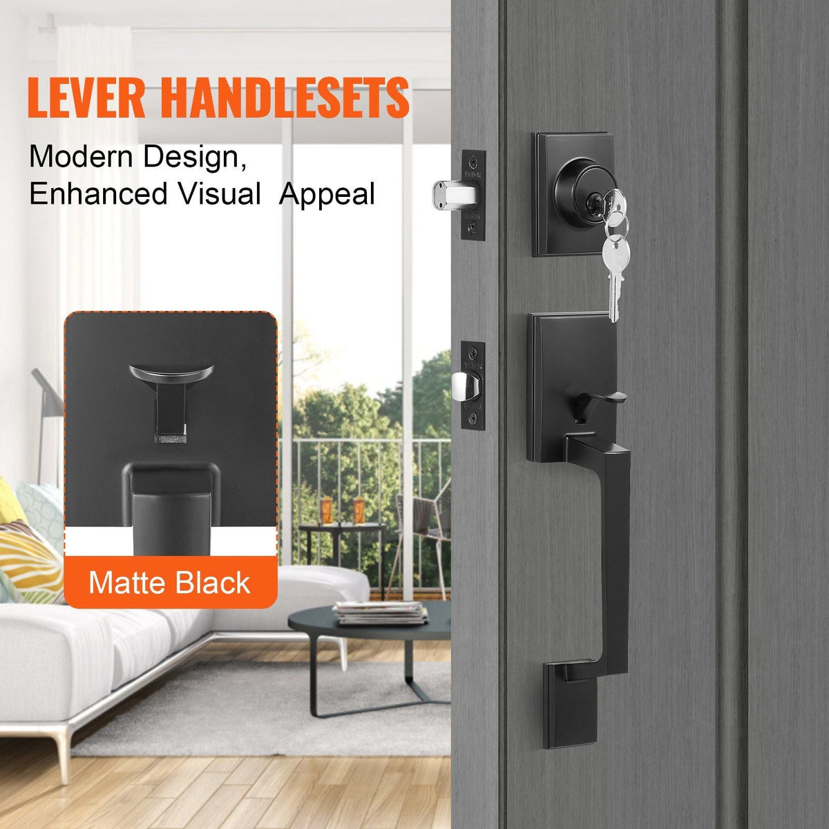 Front Door Handle and Deadbolt Set, Matte Black Square Handle Set with Lever Door Handle, Single Cylinder Entry Door Handle with Reversible for Right and Left Handed Entrance and Front Door