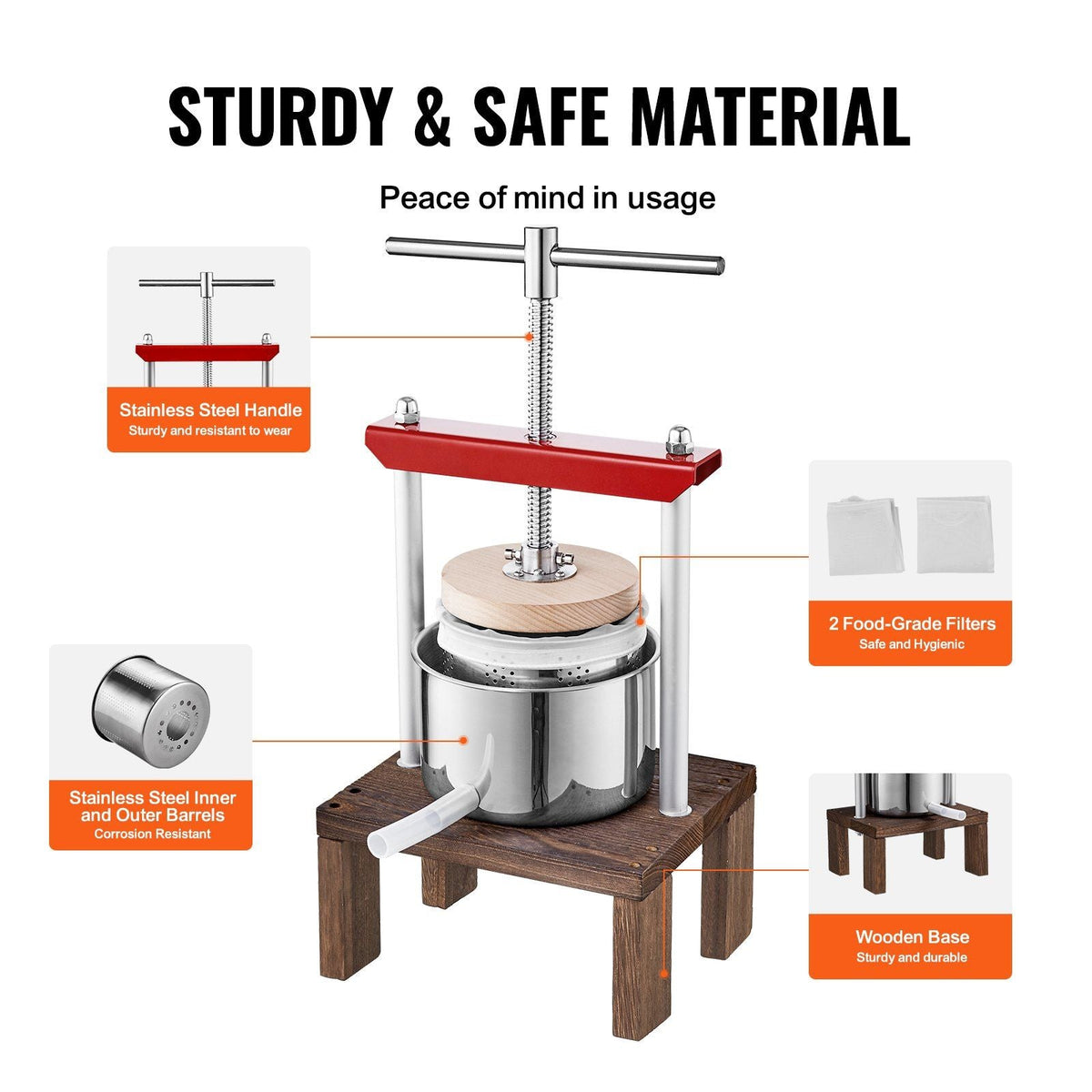 Fruit Wine Press, 0.53 Gallon/2L, 2 Stainless Steel Barrels, Manual Juice Maker, Cider Apple Grape Tincture Vegetables Honey Olive Oil Making Press with T-Handle & Stable Base for Kitchen, Home