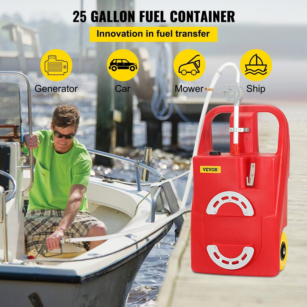 Fuel Caddy, 25 Gallon, Portable Fuel Storage Tank On-Wheels, with Manuel Transfer Pump, Gasoline Diesel Fuel Container for Cars, Lawn Mowers, ATVs, Boats, More, Red