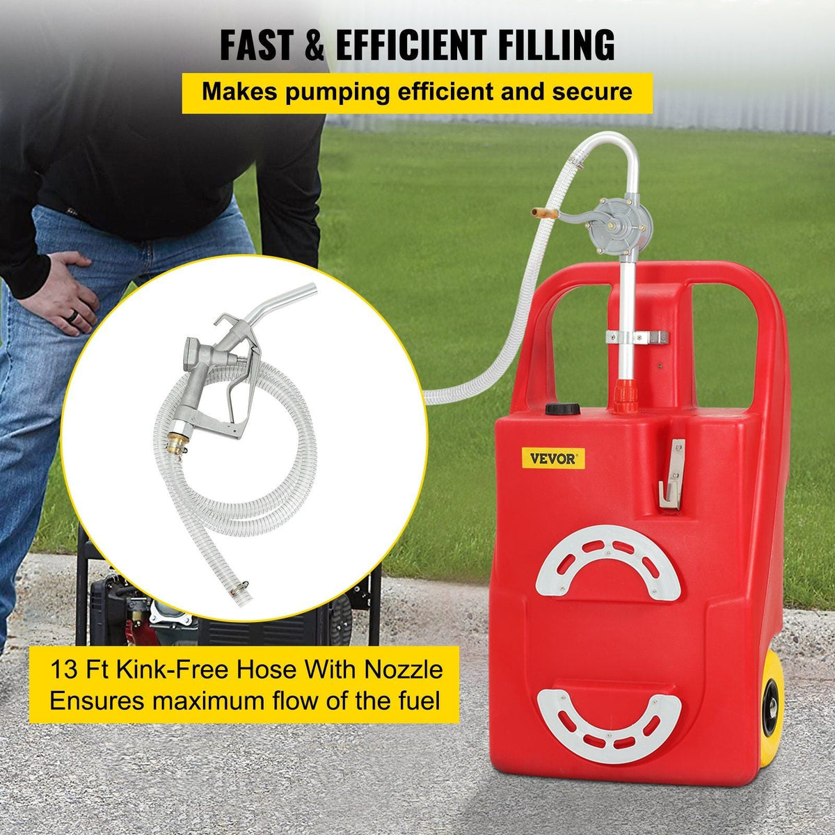 Fuel Caddy, 25 Gallon, Portable Fuel Storage Tank On-Wheels, with Manuel Transfer Pump, Gasoline Diesel Fuel Container for Cars, Lawn Mowers, ATVs, Boats, More, Red