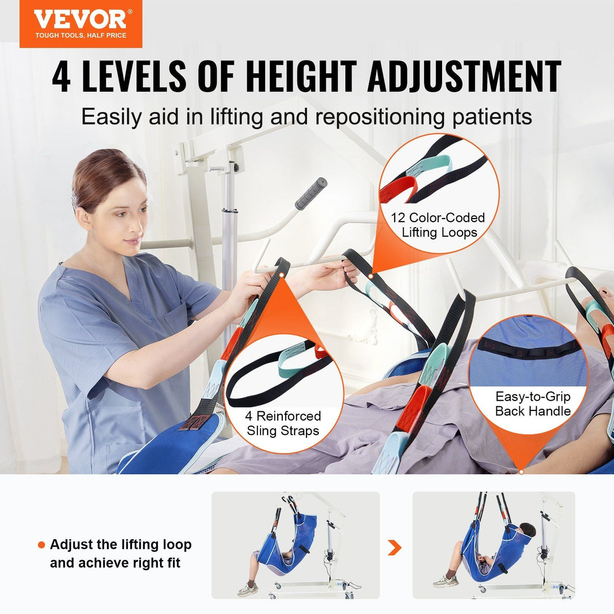 Full Body Patient Lift Sling with Commode Opening Medical Aid Sling L-Size,147 x 105cm, 600LBS