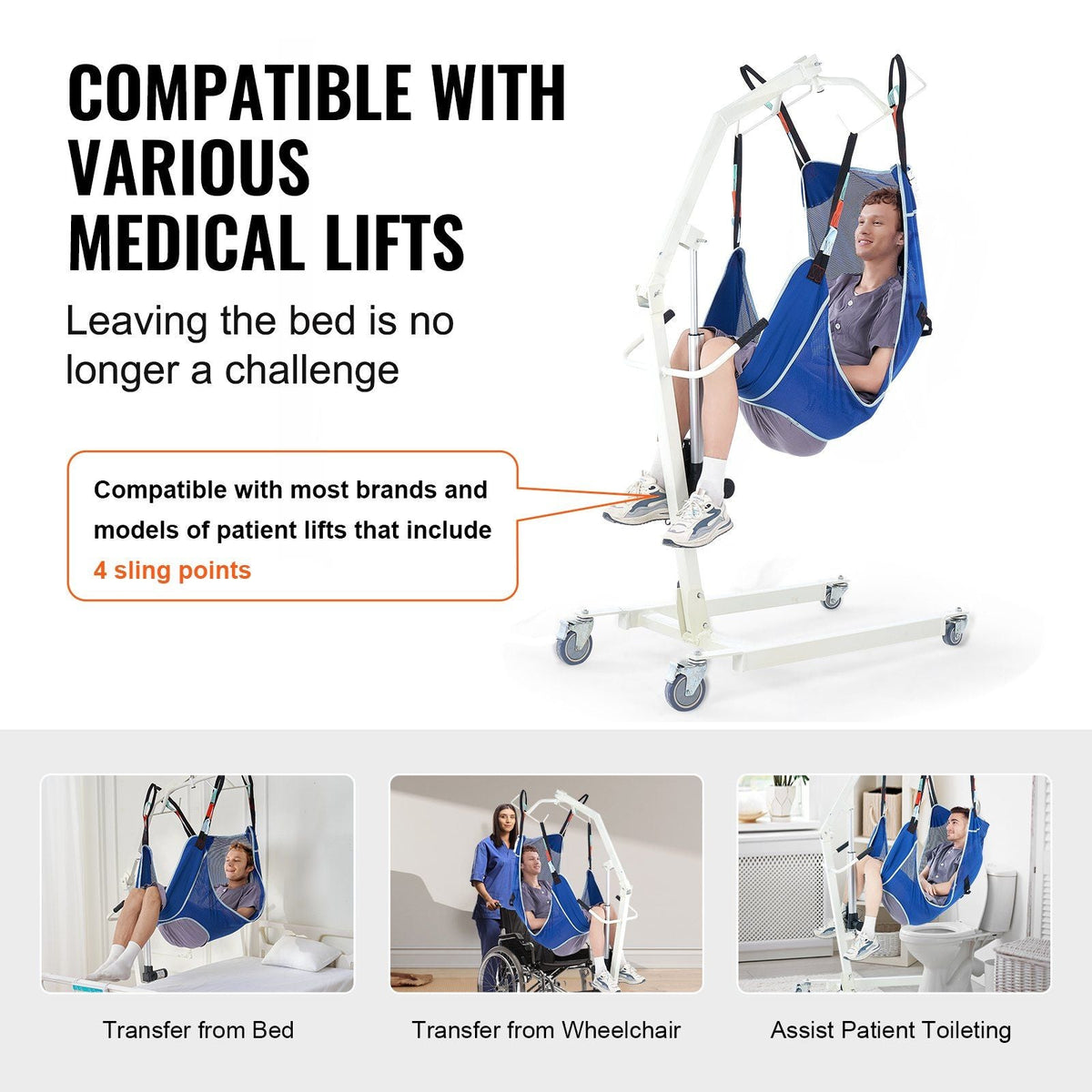 Full Body Patient Lift Sling with Commode Opening Medical Aid Sling L-Size,147 x 105cm, 600LBS